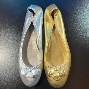 Via Spiga Leather Flats with Flower Detailing Bright Gold OR Sparkling Silver